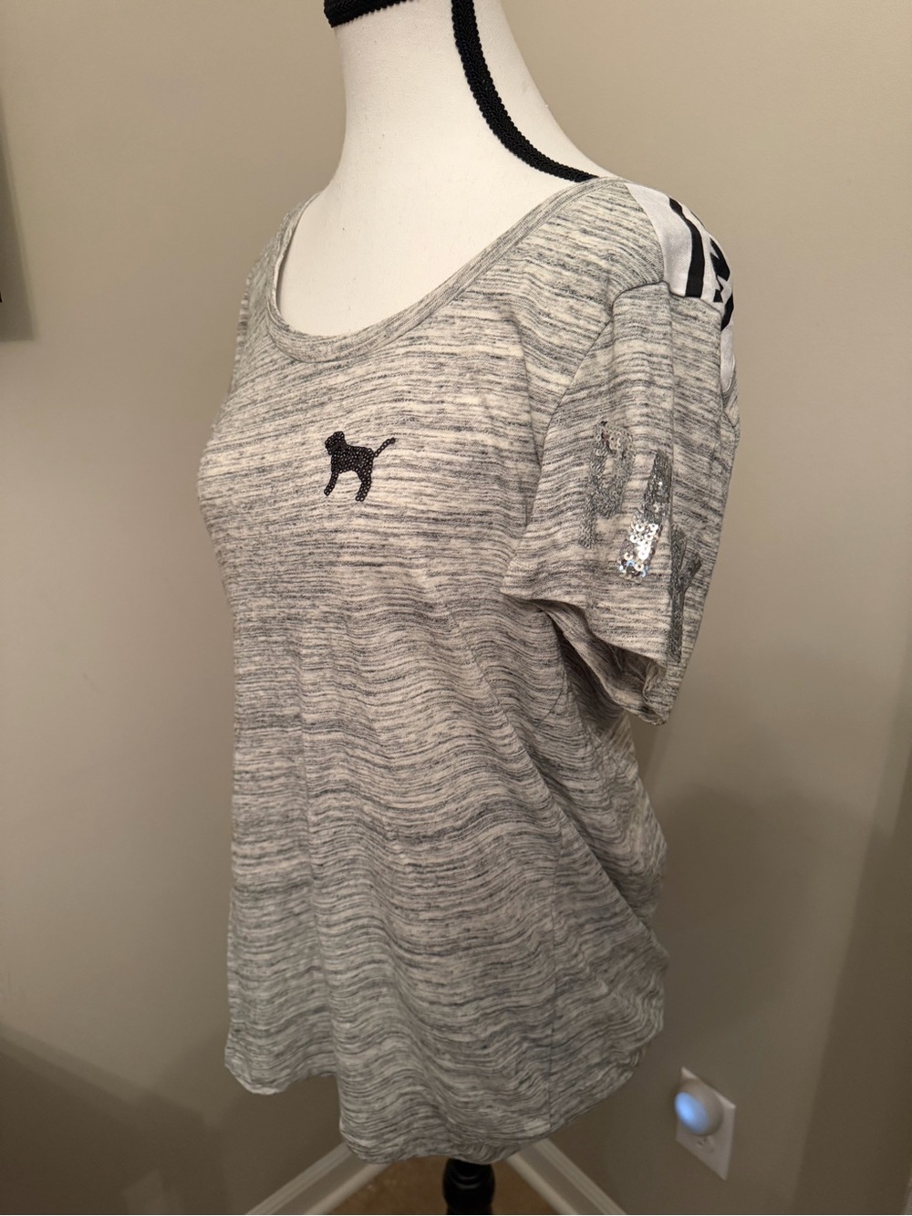 Victoria’s Secret PINK Sequin Dog Logo Varsity Gray Marled T Shirt Large